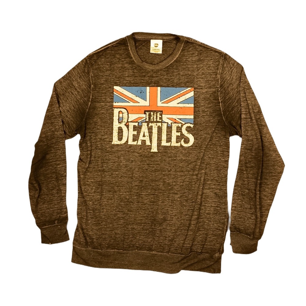 The Beatles Sweatshirt Mens Large Brown Good Union Jack Graphic Pullover